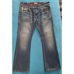 Antique Rivet Jeans Mens 38x32 Blue Flap Back Pockets Embroidered & Leather